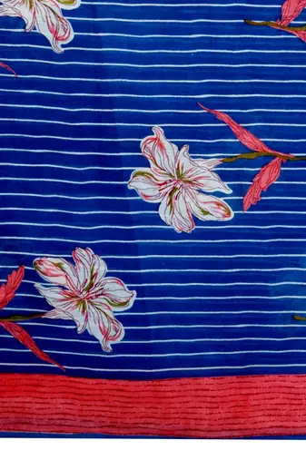 Blue cotton printed & hand work straight kurta bottom & dupatta set