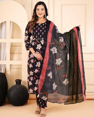Black cotton printed & hand work straight kurta bottom & dupatta set 1
