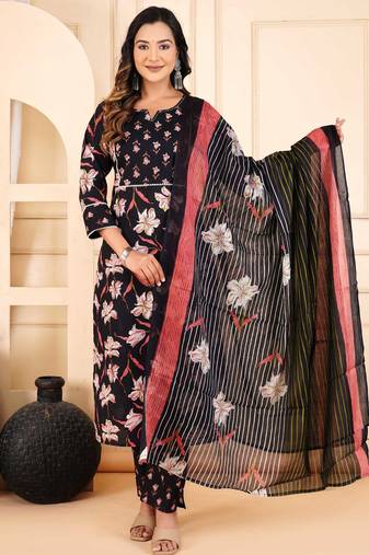 Black cotton printed & hand work straight kurta bottom & dupatta set