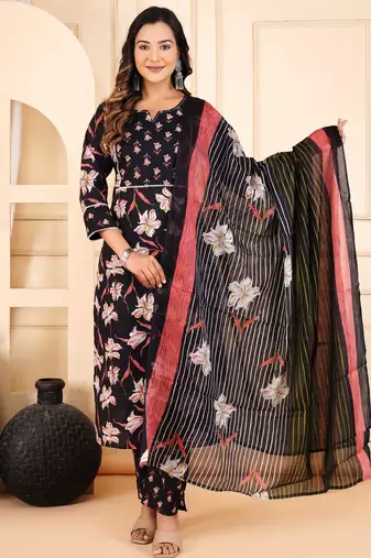 Black cotton printed & hand work straight kurta bottom & dupatta set