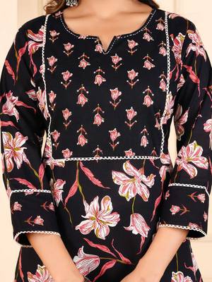 Black cotton printed & hand work straight kurta bottom & dupatta set 2