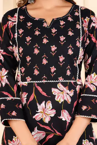 Black cotton printed & hand work straight kurta bottom & dupatta set