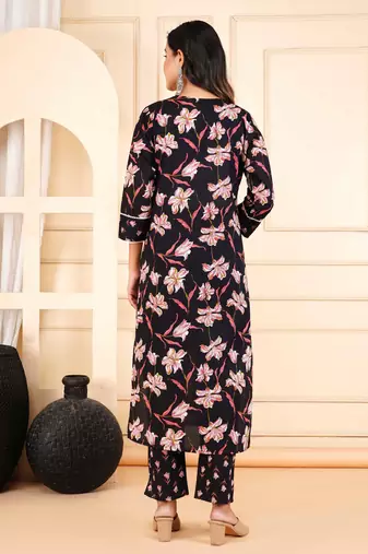 Black cotton printed & hand work straight kurta bottom & dupatta set