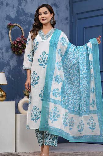 Blue cotton printed & hand work straight kurta bottom & dupatta set
