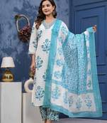 Blue cotton printed & hand work straight kurta bottom & dupatta set