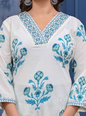 Blue cotton printed & hand work straight kurta bottom & dupatta set 2