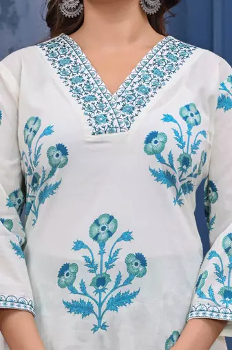 Blue cotton printed & hand work straight kurta bottom & dupatta set