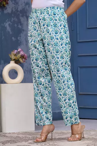 Blue cotton printed & hand work straight kurta bottom & dupatta set