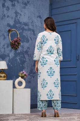 Blue cotton printed & hand work straight kurta bottom & dupatta set 4