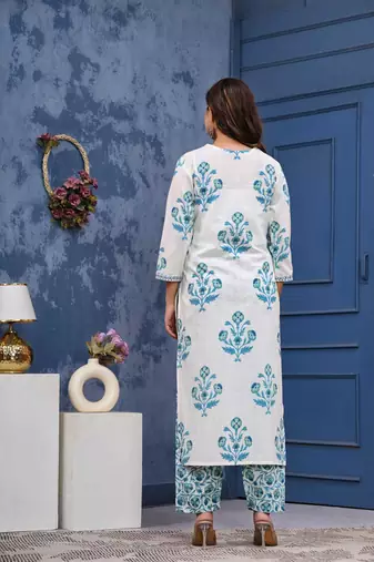 Blue cotton printed & hand work straight kurta bottom & dupatta set