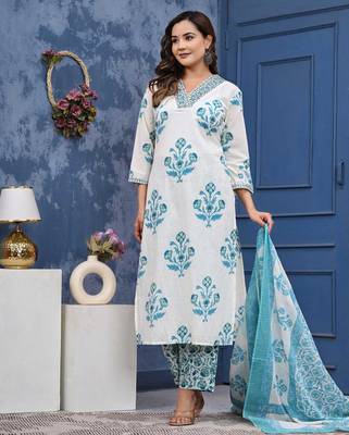 Blue cotton printed & hand work straight kurta bottom & dupatta set 5