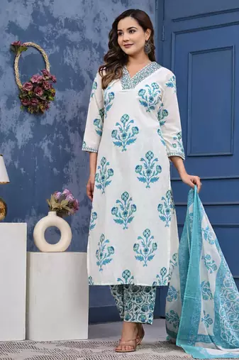 Blue cotton printed & hand work straight kurta bottom & dupatta set