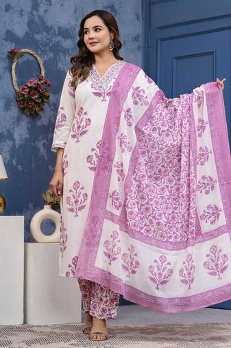 Pink cotton printed & hand work straight kurta bottom & dupatta set