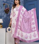 Pink cotton printed & hand work straight kurta bottom & dupatta set