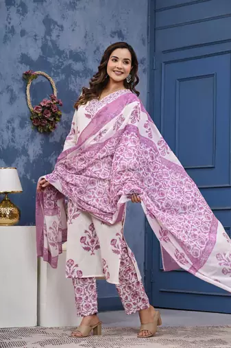 Pink cotton printed & hand work straight kurta bottom & dupatta set