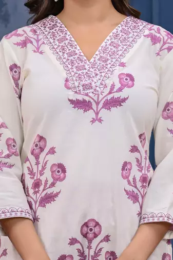 Pink cotton printed & hand work straight kurta bottom & dupatta set