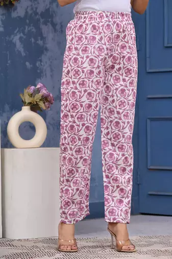 Pink cotton printed & hand work straight kurta bottom & dupatta set