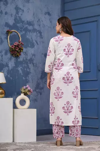 Pink cotton printed & hand work straight kurta bottom & dupatta set