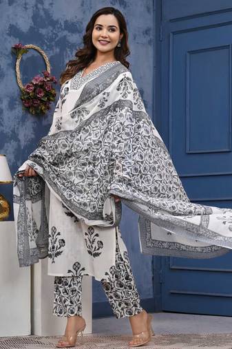 Grey cotton printed & hand work straight kurta bottom & dupatta set