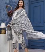 Grey cotton printed & hand work straight kurta bottom & dupatta set