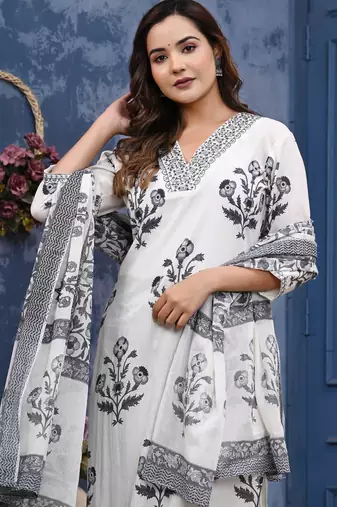 Grey cotton printed & hand work straight kurta bottom & dupatta set