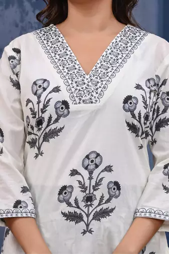 Grey cotton printed & hand work straight kurta bottom & dupatta set