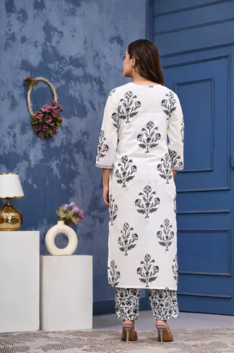 Grey cotton printed & hand work straight kurta bottom & dupatta set