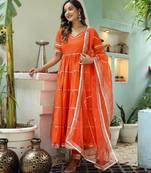 Orange cotton solid & gota patti work anarkali kurta bottom dupatta set
