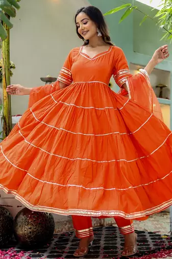 Orange cotton solid & gota patti work anarkali kurta bottom dupatta set