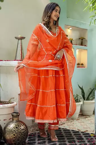 Orange cotton solid & gota patti work anarkali kurta bottom dupatta set