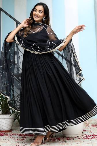 Black rayon solid & gota patti work anarkali kurta bottom dupatta set
