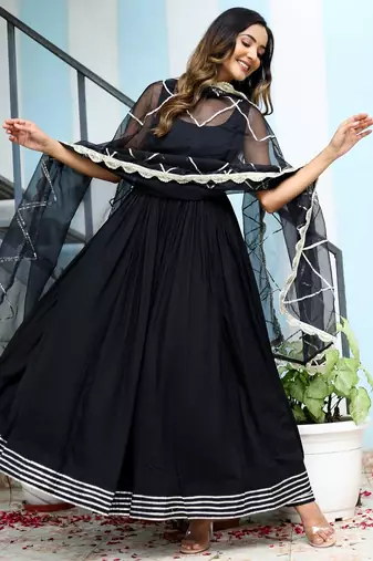 Black rayon solid & gota patti work anarkali kurta bottom dupatta set