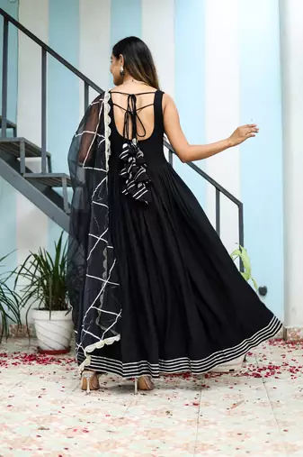Black rayon solid & gota patti work anarkali kurta bottom dupatta set