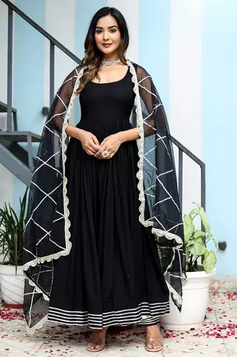 Black rayon solid & gota patti work anarkali kurta bottom dupatta set