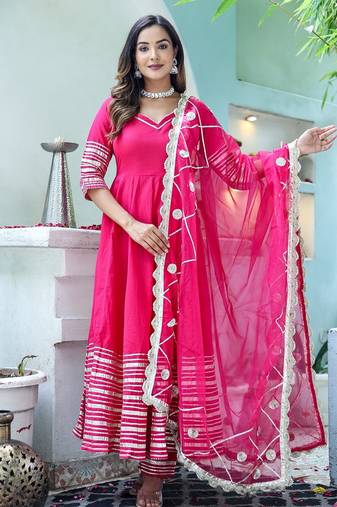 Pink cotton solid & gota patti work anarkali kurta bottom dupatta set