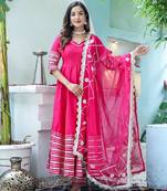 Pink cotton solid & gota patti work anarkali kurta bottom dupatta set