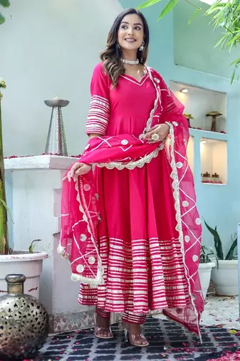 Pink cotton solid & gota patti work anarkali kurta bottom dupatta set
