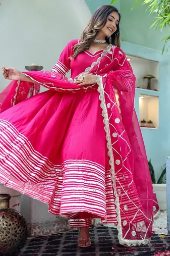 Pink cotton solid & gota patti work anarkali kurta bottom dupatta set