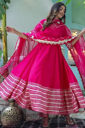 Pink cotton solid & gota patti work anarkali kurta bottom dupatta set