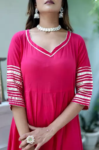 Pink cotton solid & gota patti work anarkali kurta bottom dupatta set