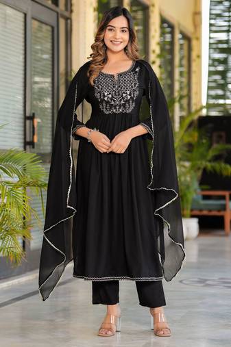 Black rayon solid & embroidered work kurta bottom dupatta set