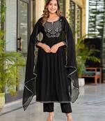 Black rayon solid & embroidered work kurta bottom dupatta set