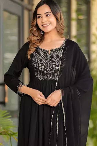 Black rayon solid & embroidered work kurta bottom dupatta set