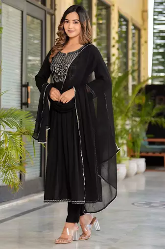 Black rayon solid & embroidered work kurta bottom dupatta set