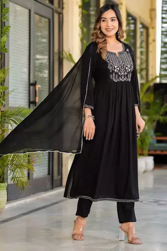 Black rayon solid & embroidered work kurta bottom dupatta set