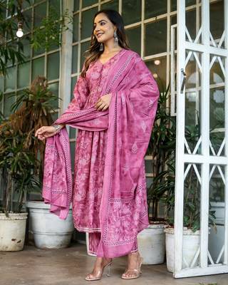 Purple cotton printed & gota patti work anarkali kurta bottom dupatta set 2