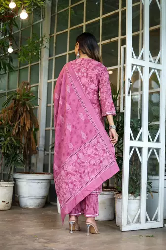 Purple cotton printed & gota patti work anarkali kurta bottom dupatta set