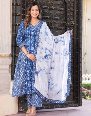 Blue rayon printed & embroidred work anarkali kurta bottom dupatta set 1