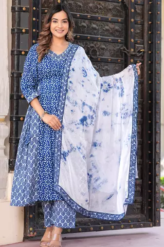 Blue rayon printed & embroidred work anarkali kurta bottom dupatta set