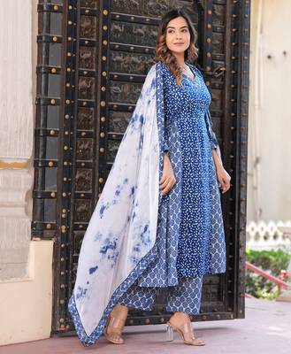 Blue rayon printed & embroidred work anarkali kurta bottom dupatta set 2